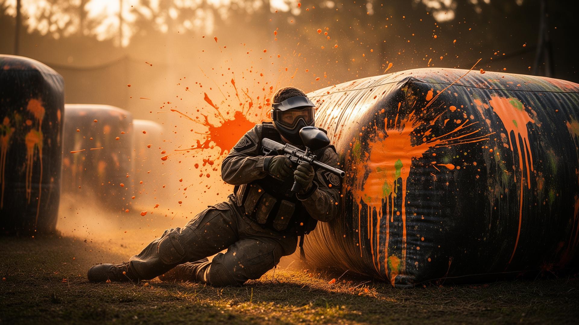 Paintball player sliding behind a bunker with orange paint mid-air
